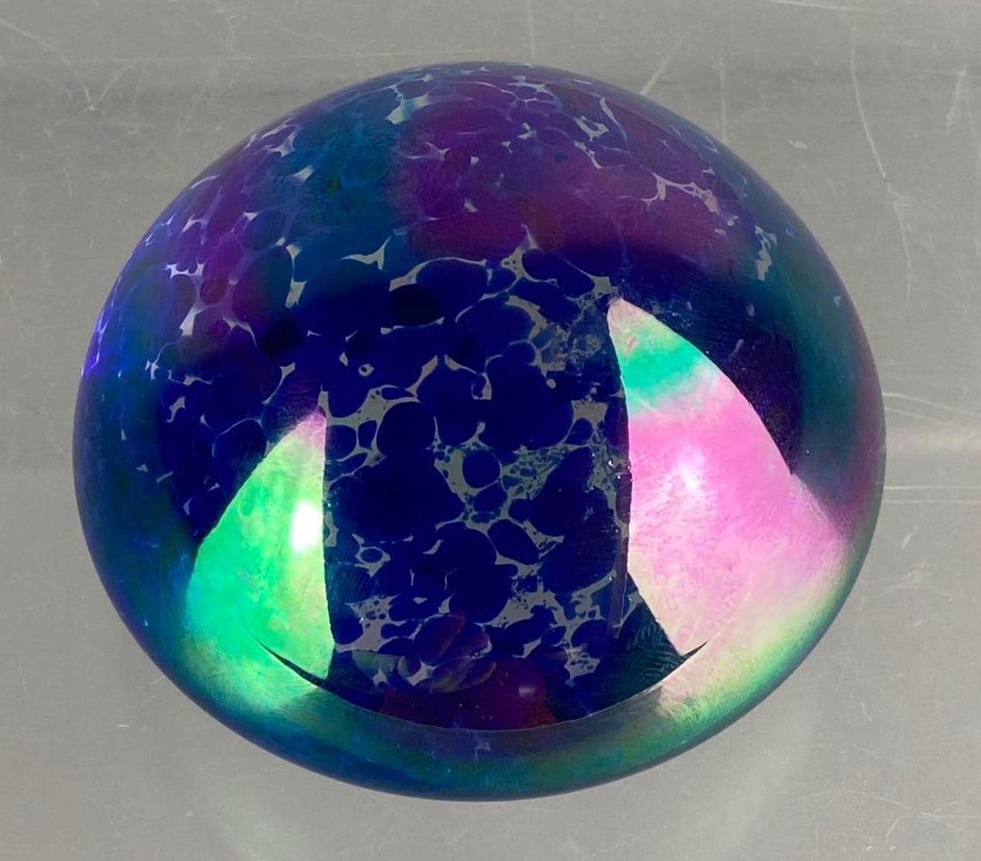 Iridescent Art Glass Paperweight: Measure 3 inches in diameter.