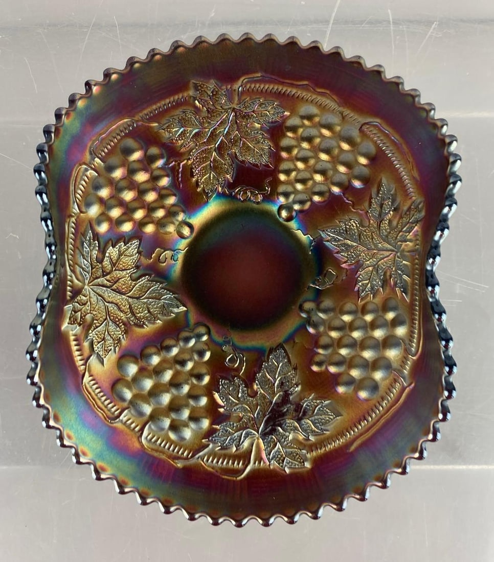 Northwood Carnival Glass Iridescent Grape and Cable Bowl: Measures 6 inches in length