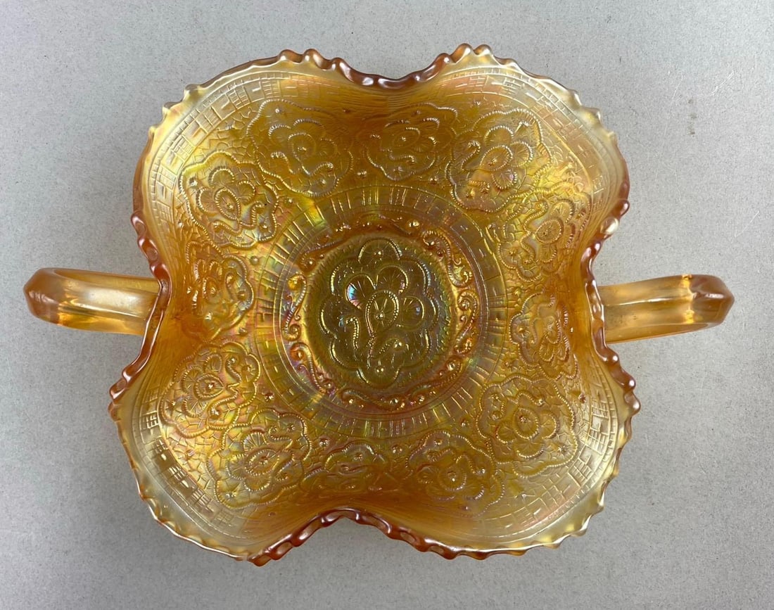 Fenton Carnival Glass Iridescent Persian Medallion Bowl: Measure 8 inches in length.