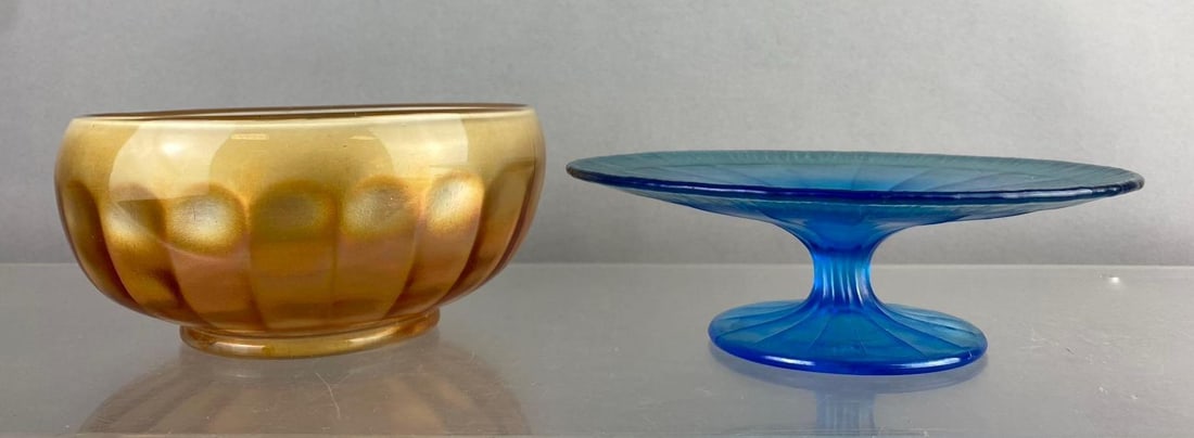 Group of 2 Carnival Glass Iridescent Glassware: Includes pedestal and bowl. Largest measures 7 inches in diameter.