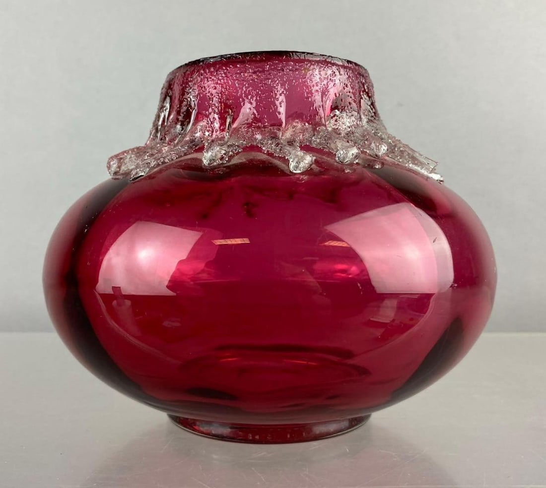 Victorian Era Cranberry Red Applied Rigaree Bulbous Vase (1 of 3)