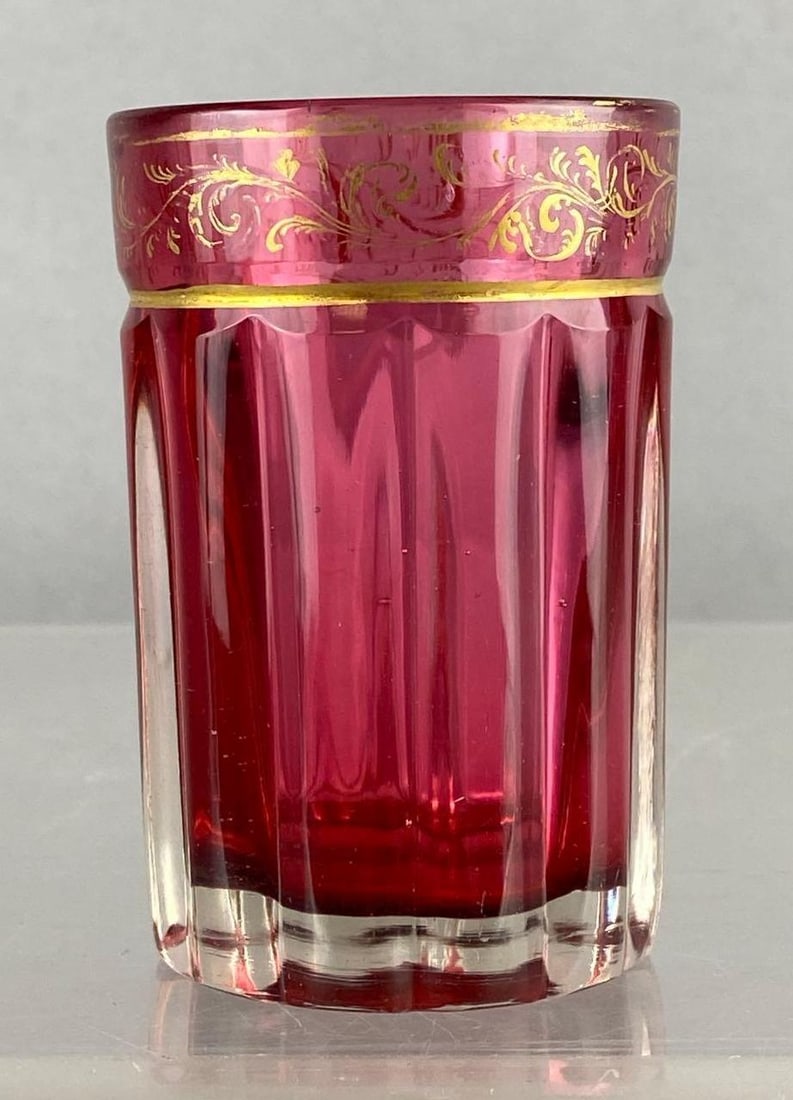 Antique Cut Crystal Cranberry Red Gilded Tumbler: Measure 3 inches tall.