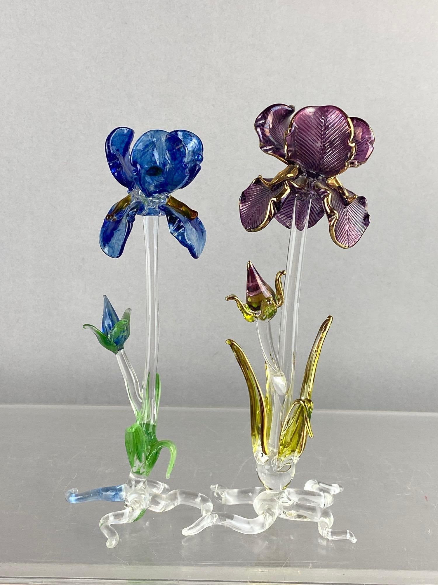 Group of 2 Handblown Glass Iris Flower Figures: Largest measures 7 1/2 inches tall.