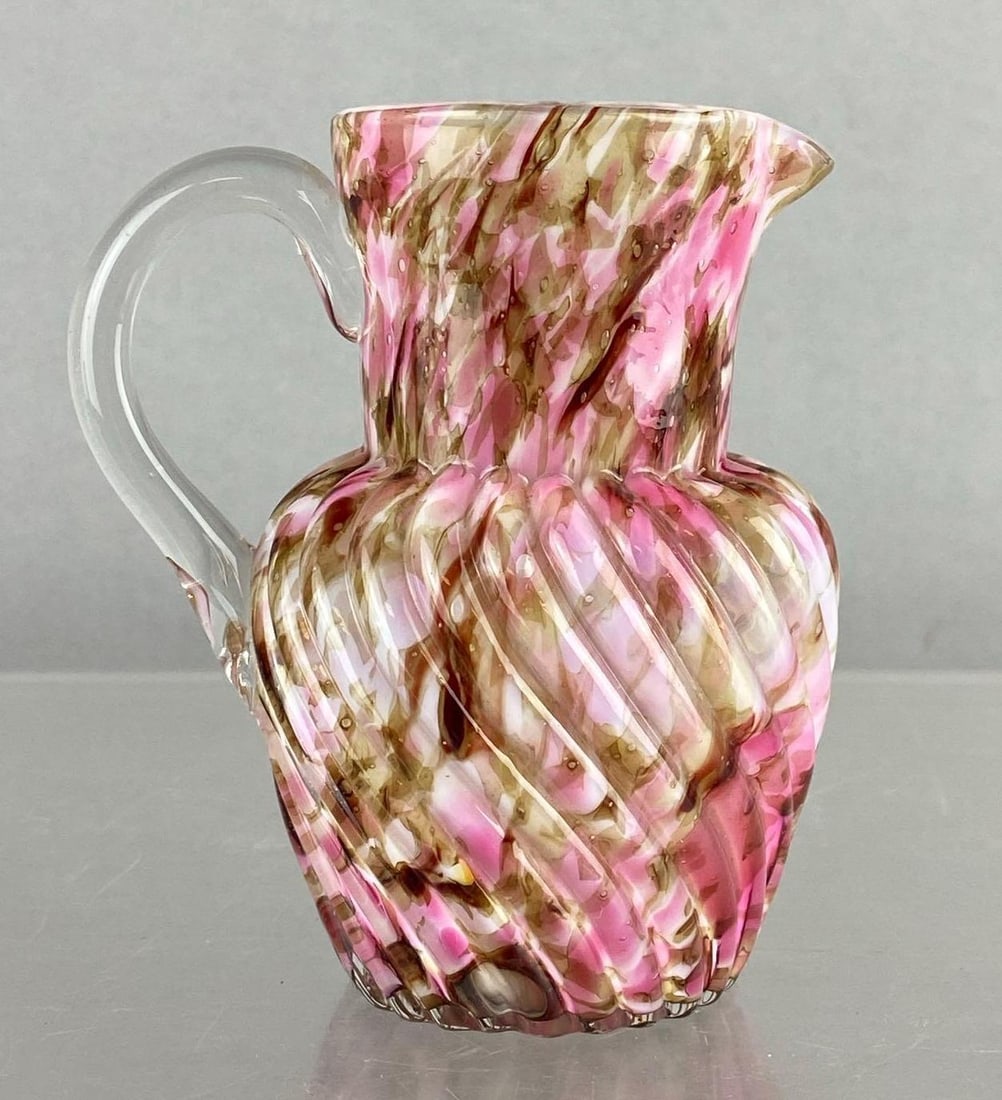 Antique End of Day Swirl Design Glass Pitcher: With Applied Glass Handle. Measures 4 inches tall.
