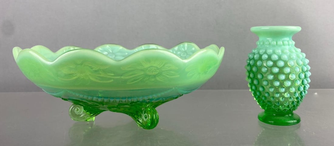 Group of 2 Emerald Green Opalescent Glassware: Largest measures 8 inches in diameter