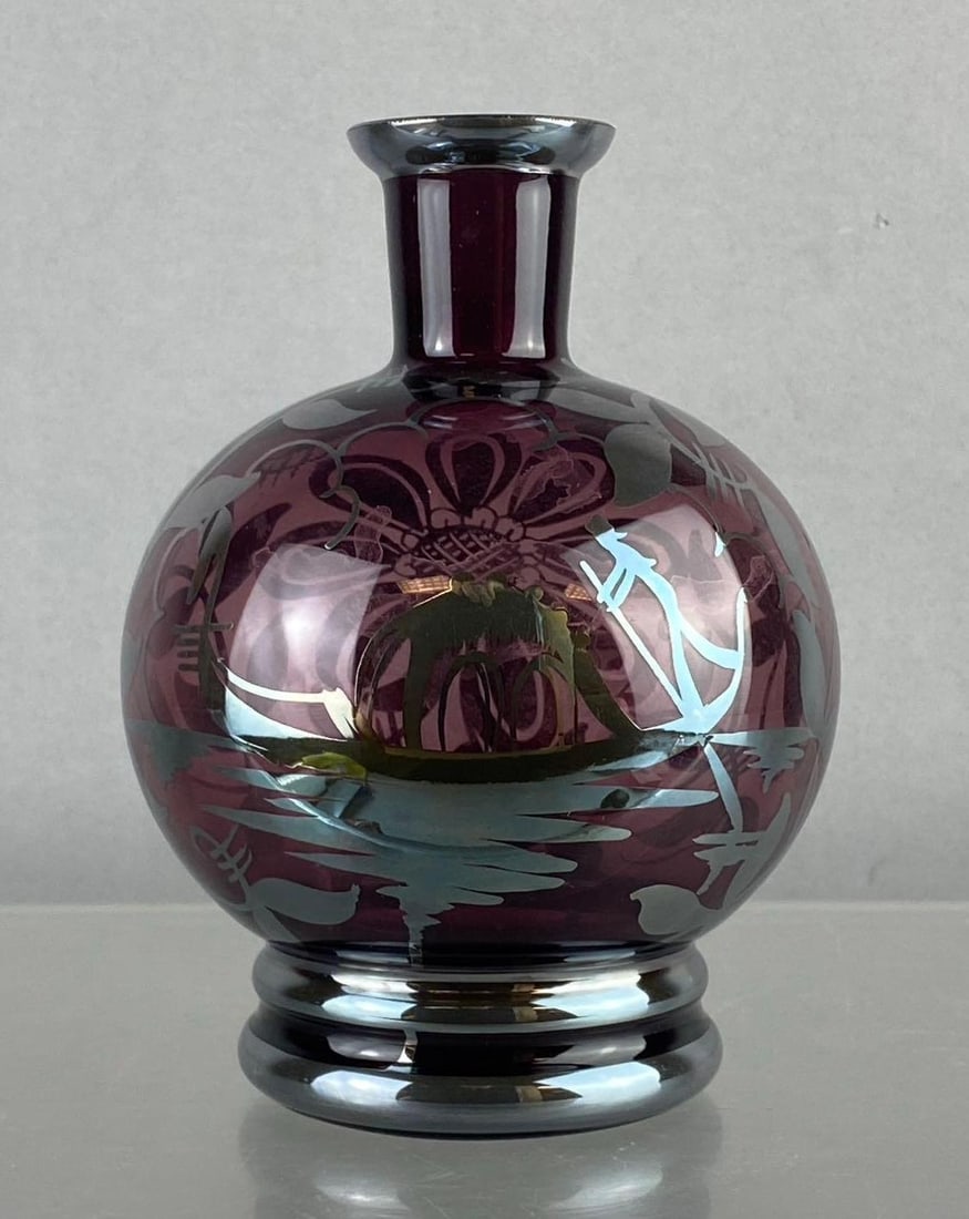 Vintage Italian Amethyst Sterling Silver Overlay Glass Perfume Bottle: Measures 6 inches tall.