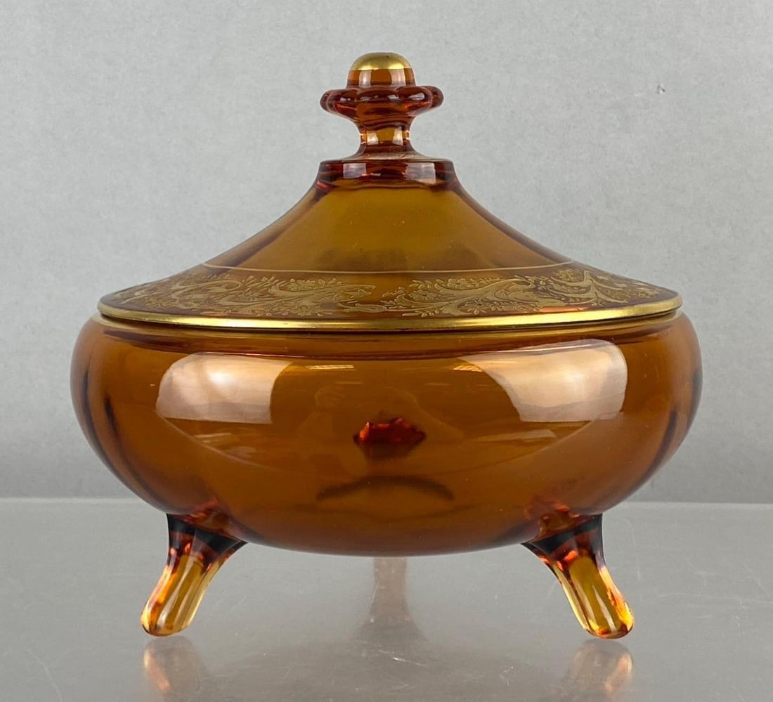 Vintage Amber Bohemian Style Gilded Glass Dresser Jar: Measures 7 inches in length.