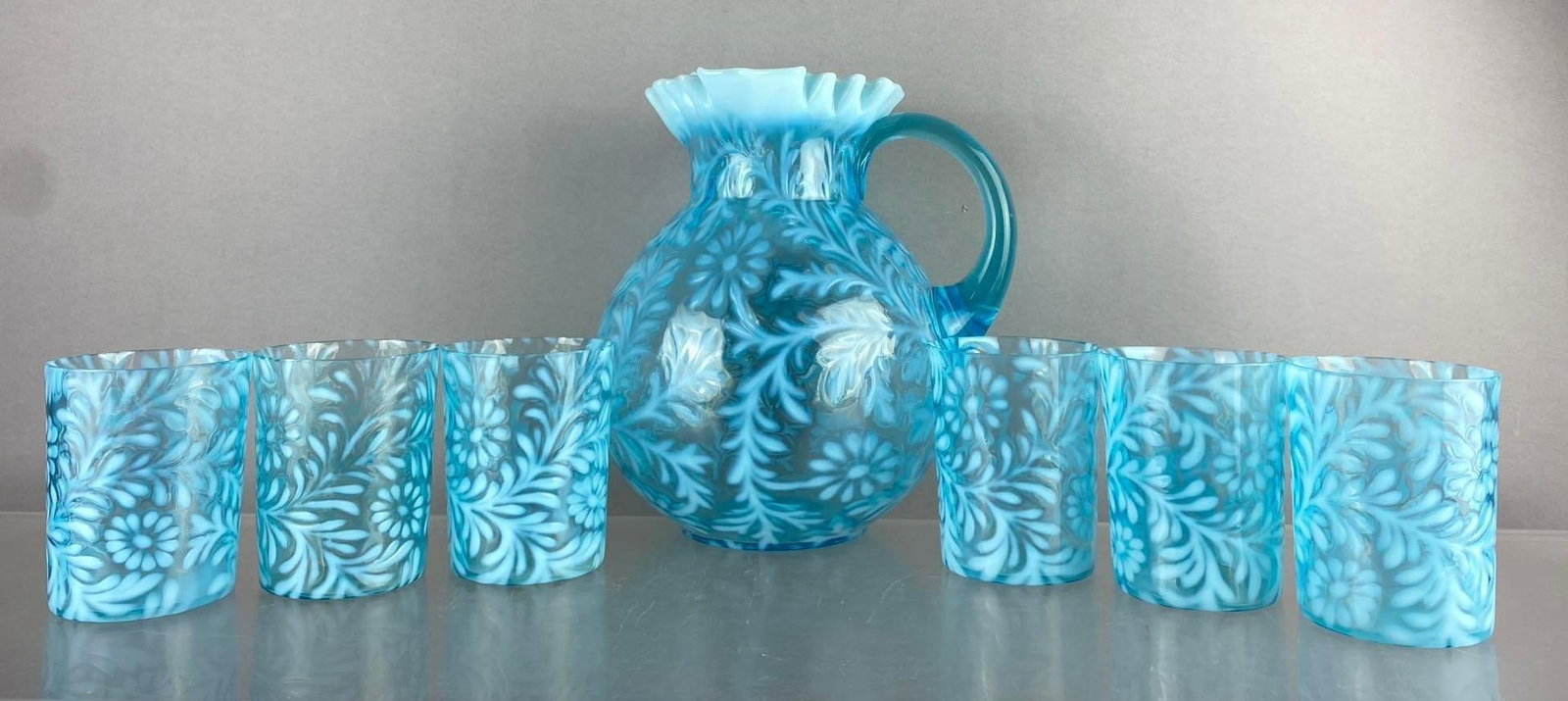 Antique Daisy and Fern Blue Opalescent Glass Pitcher and Tumbler Set (1 of 4)