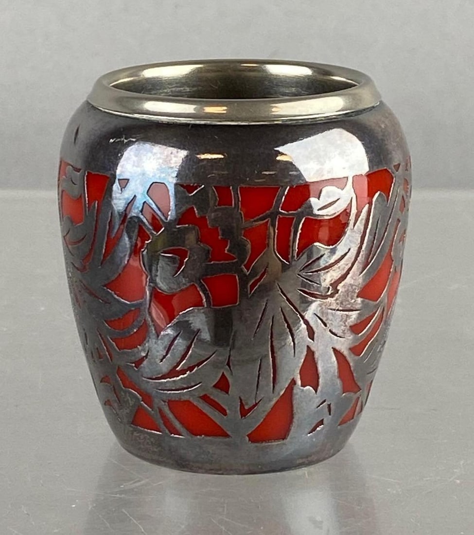 German Art Deco Red Enamel Sterling Silver Overlay Toothpick Holder: Measure 3 inches tall.