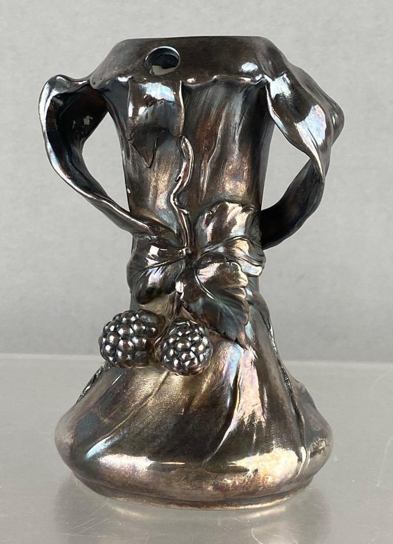 Art Nouveau Porcelain Sterling Silver Overlay Vase: Measure 5 inches tall.