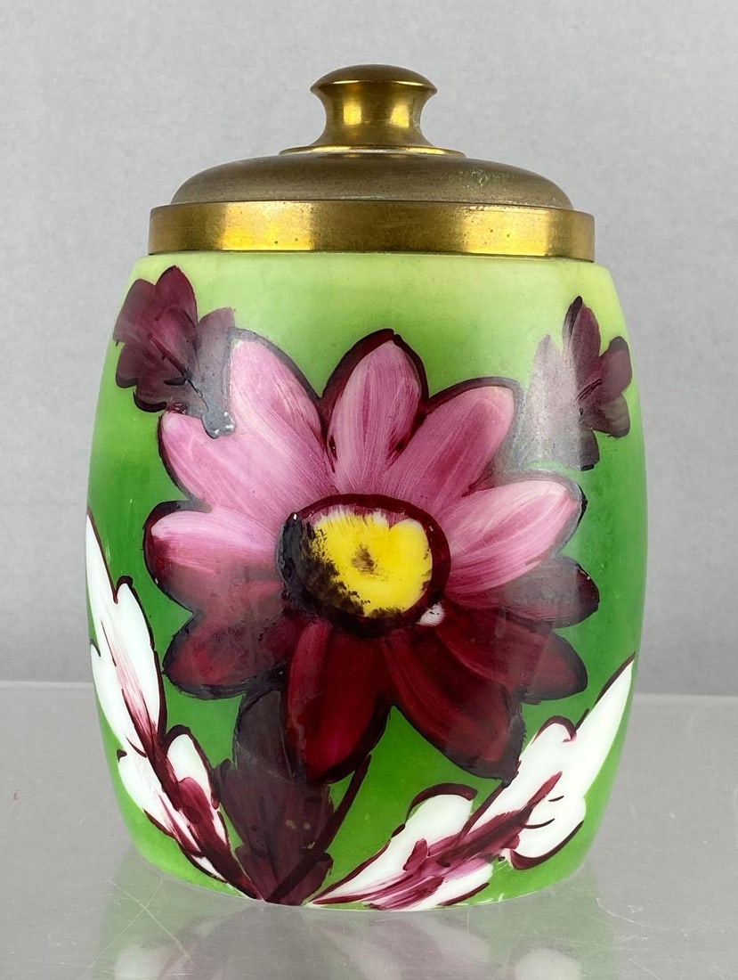 Antique Art Nouveau Hand Painted Floral Biscuit Jar: Measures 6 1/2 inches tall.