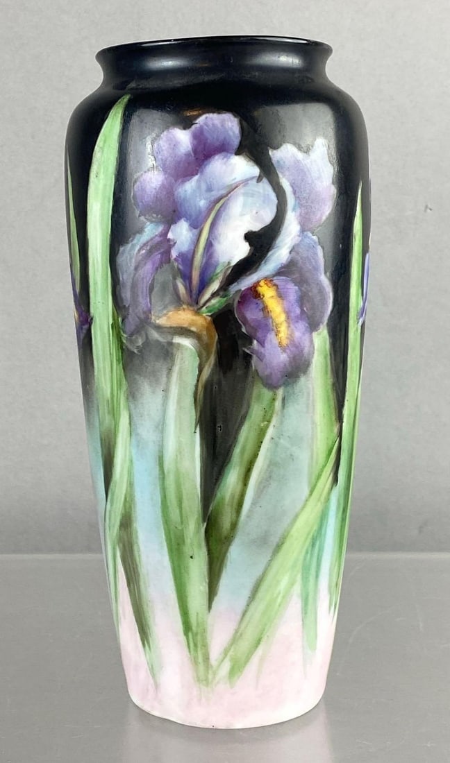 Antique Rosenthal Selb-Bavaria Black Iris Porcelain Vase: Hand Painted floral design. Circa 1920s. Measures 8 inches tall.