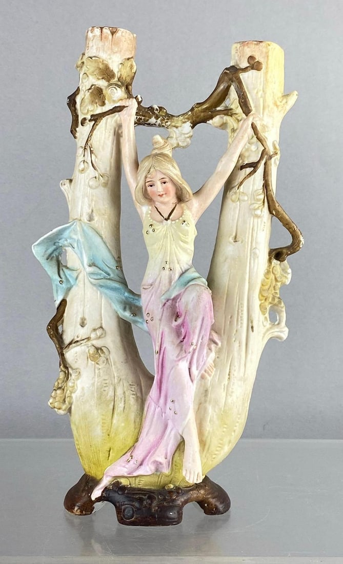 Antique German Bisque Women Swinging Tree Porcelain Vase: Measures 10 inches tall.