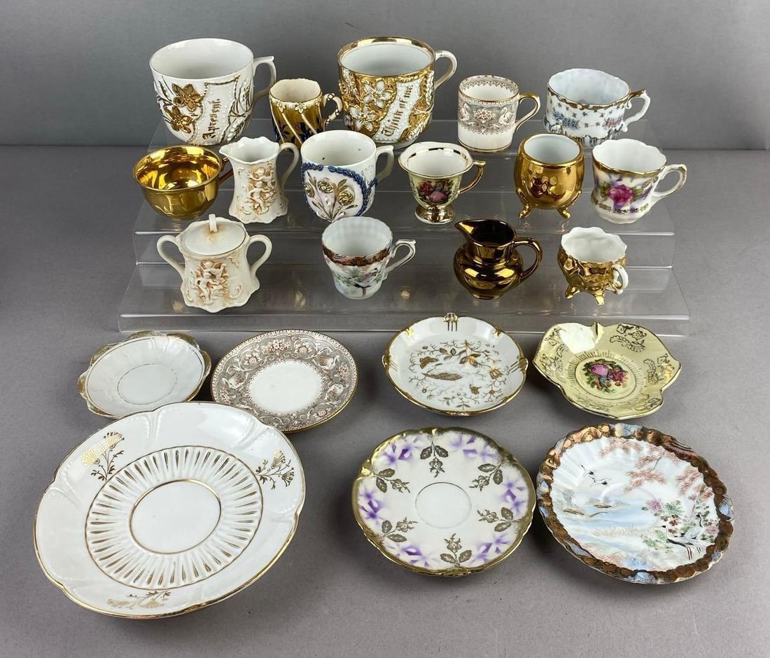Group of Assorted Vintage Porcelain Demitasse Cups and Saucers: Various makes. Stand not included. Largest measures 4 inches tall.