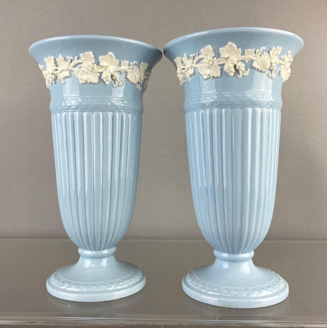 Wedgewood Queensware Blue Glazed Vases: One measure 8 1/2 inches tall.