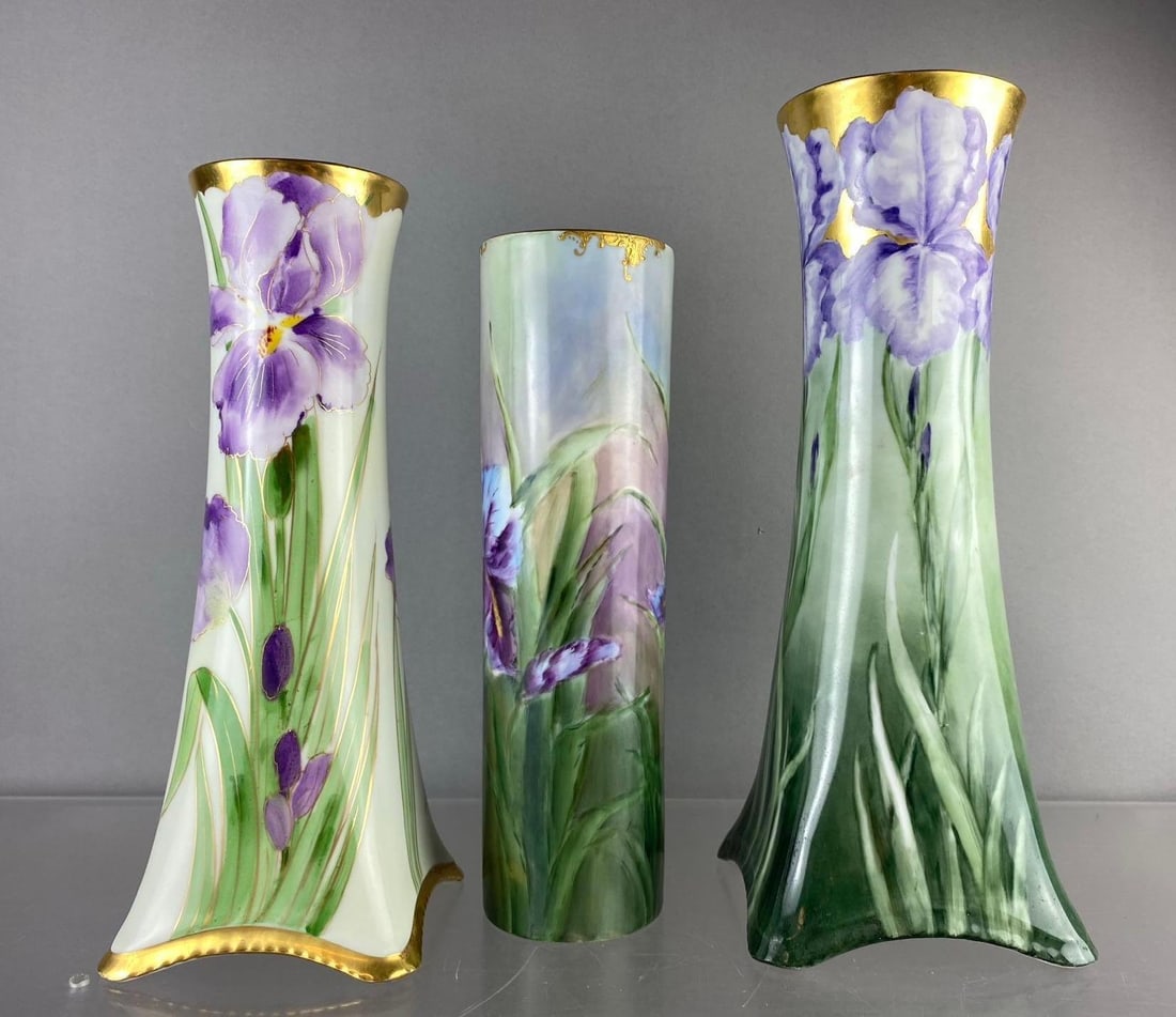 Group of 3 Bavaria Purple Iris Porcelain Vases: Largest measures 12 inches tall.