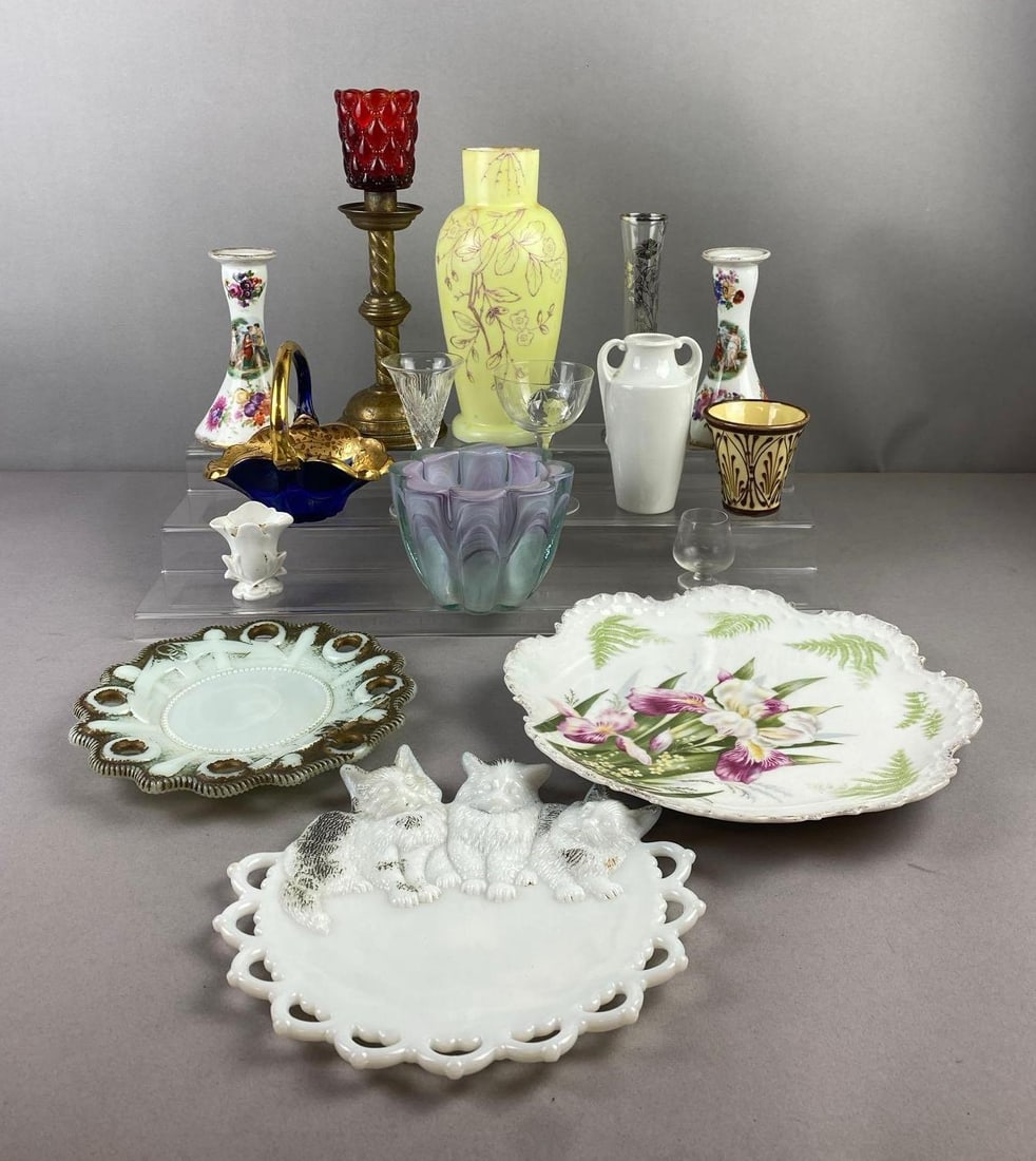 Group of Assorted Art Glassware and More: Includes Vases, Plates, and more. Largest measures 8 inches tall. Stand not included.