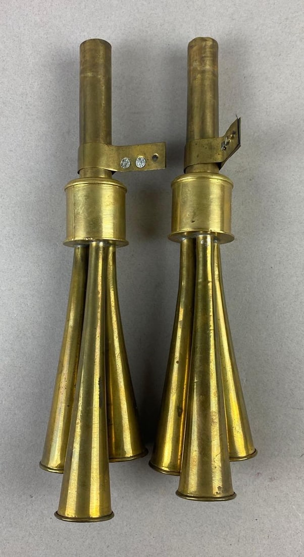 Group of 2 Antique Brass Automobile Triple Horns: Untested. One measures 9 1/2 inches in length.