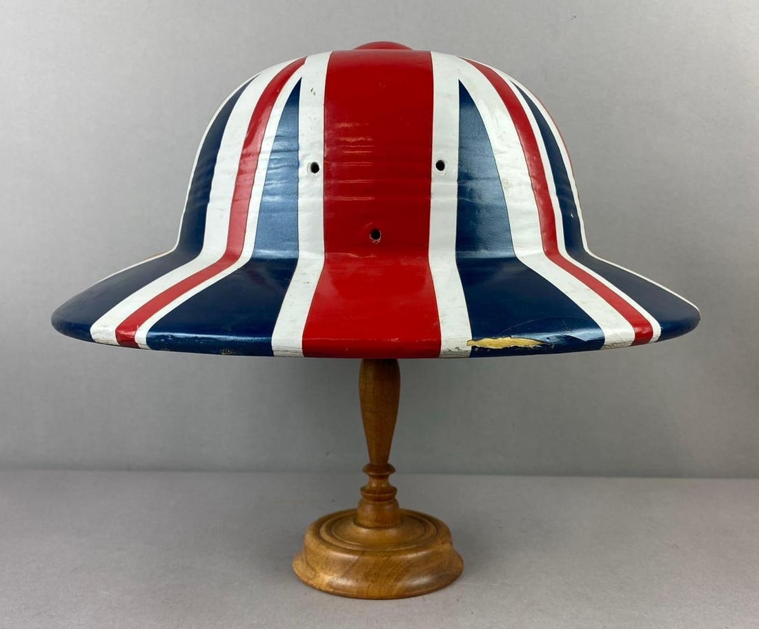 Vintage UK Union Jack Flag Design Safari Pith Hat: Adjustable Size. Some cracks in brim. Stand not included.