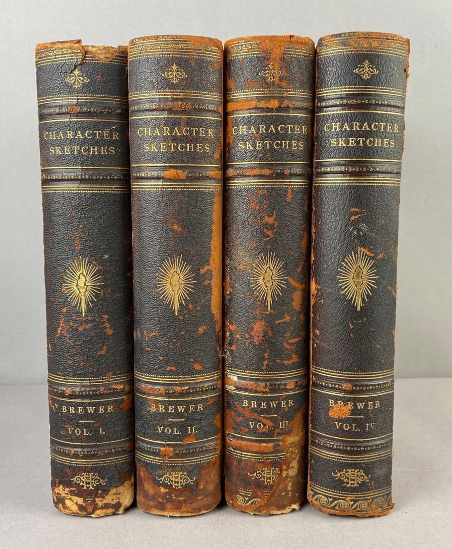 1892 Character Sketches of Romance Fiction and The Drama Vol.1-4 Books: By Rev. E. Cobham Brewer. One book measures L 12 x W 9 1/2 inches rips and tears throughout.