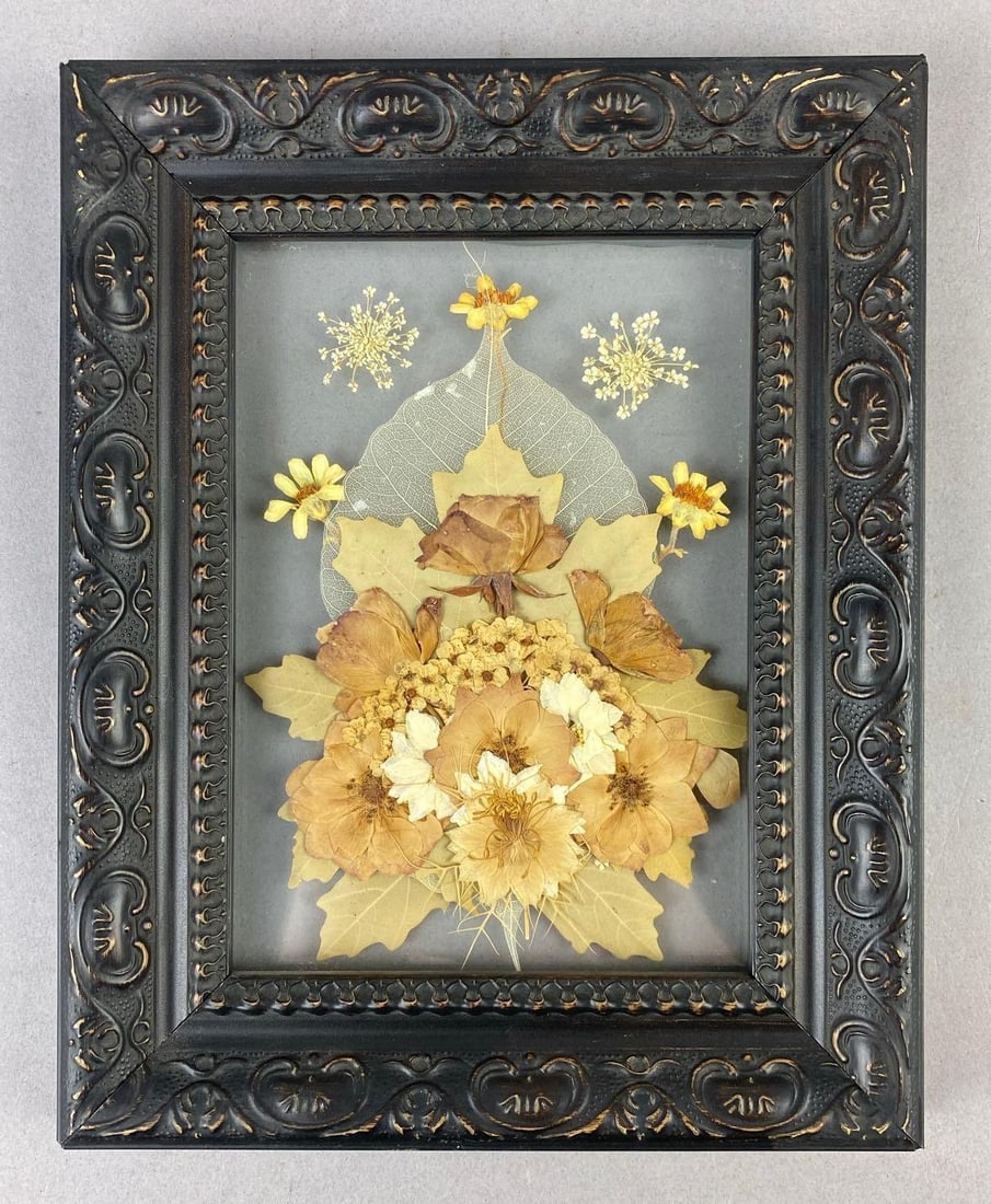 Vintage Pressed Dried Flower Art Piece: Measures L 9 1/2 x W 7 1/2 inches.