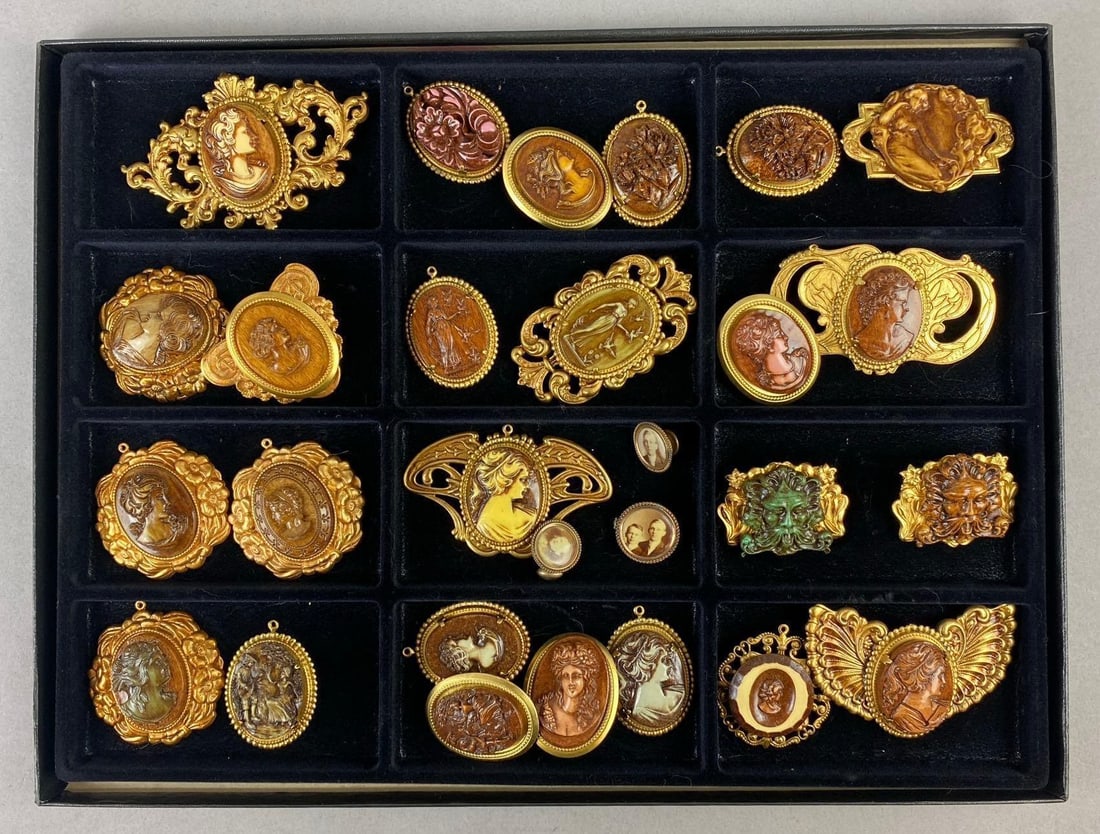 Group of Reproduction Victorian Revival Cameo Brooches: Largest measures 3 inches in length.