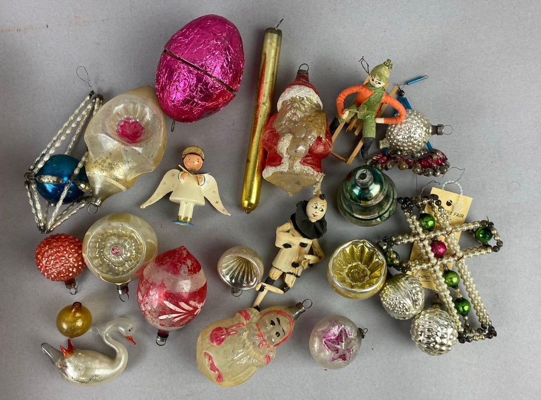 Group of Assorted Vintage Mercury Glass Ornaments and More: Includes figures, Santa, and more. Largest measures 5 inches tall.