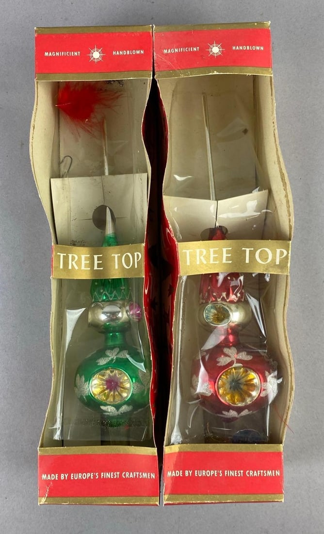Group of 2 Vintage 1960s Czech Christmas Glass Tree Toppers: Like new in original packaging. Measures 14 inches in length .