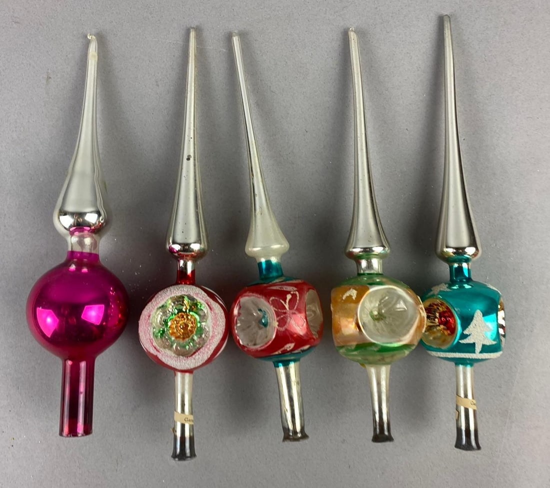 Group of 5 Vintage West German Shiny Brite Glass Christmas Tree Ornaments: largest measures 9 inches in length.
