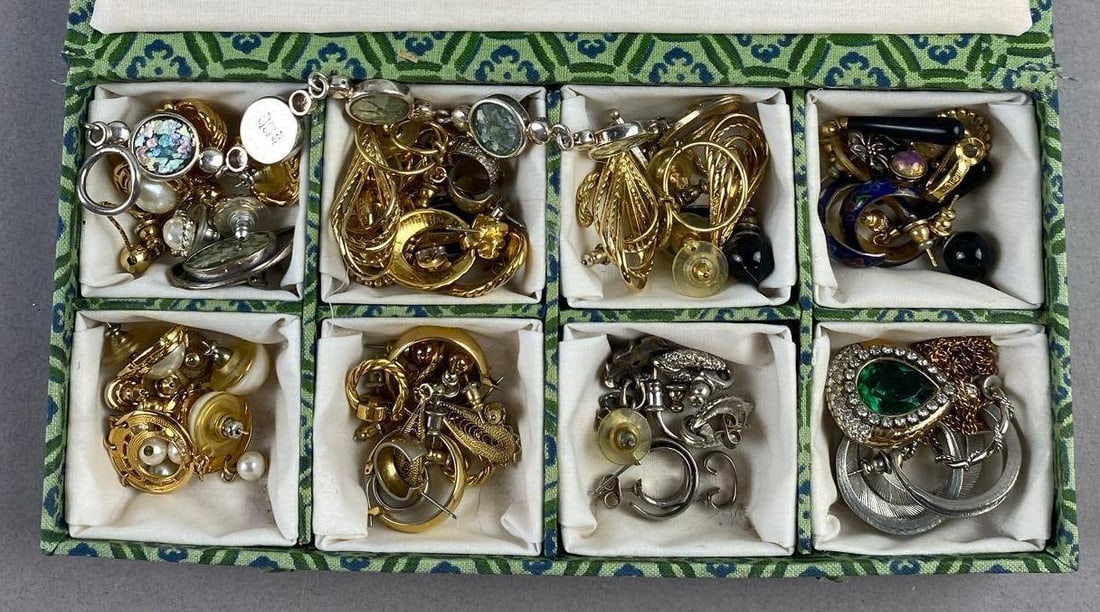 Group of Assorted Costume Jewelry Earrings: Various pairs. Box measures H 1 x W 4 x L 8 inches.