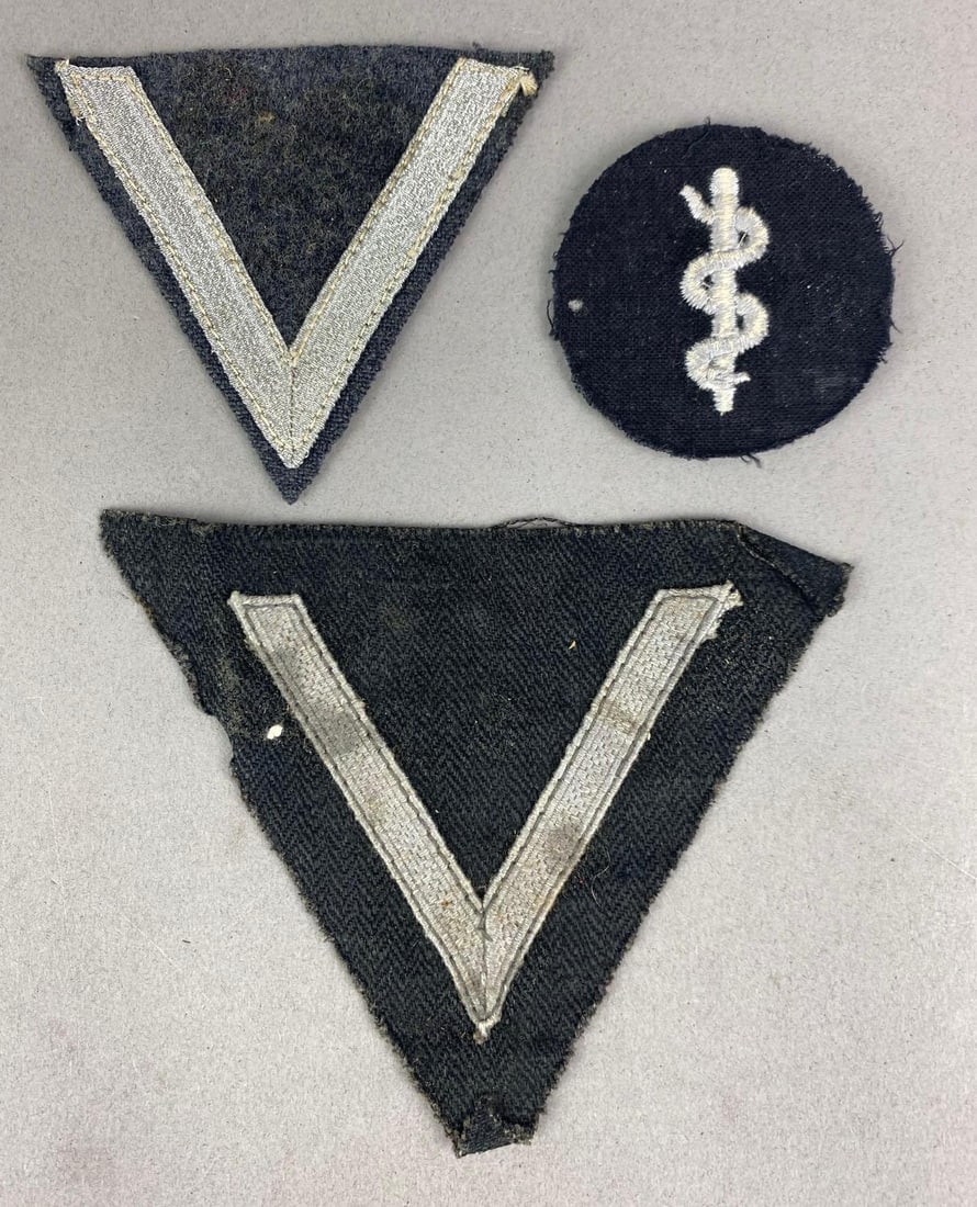 Group of 3 WW2 German Luftwaffe Patches: Includes Silver braid chevron, Gefreiter Rank chevron and Medical Personal patch, largest measures 4 inches H x 5 inches W