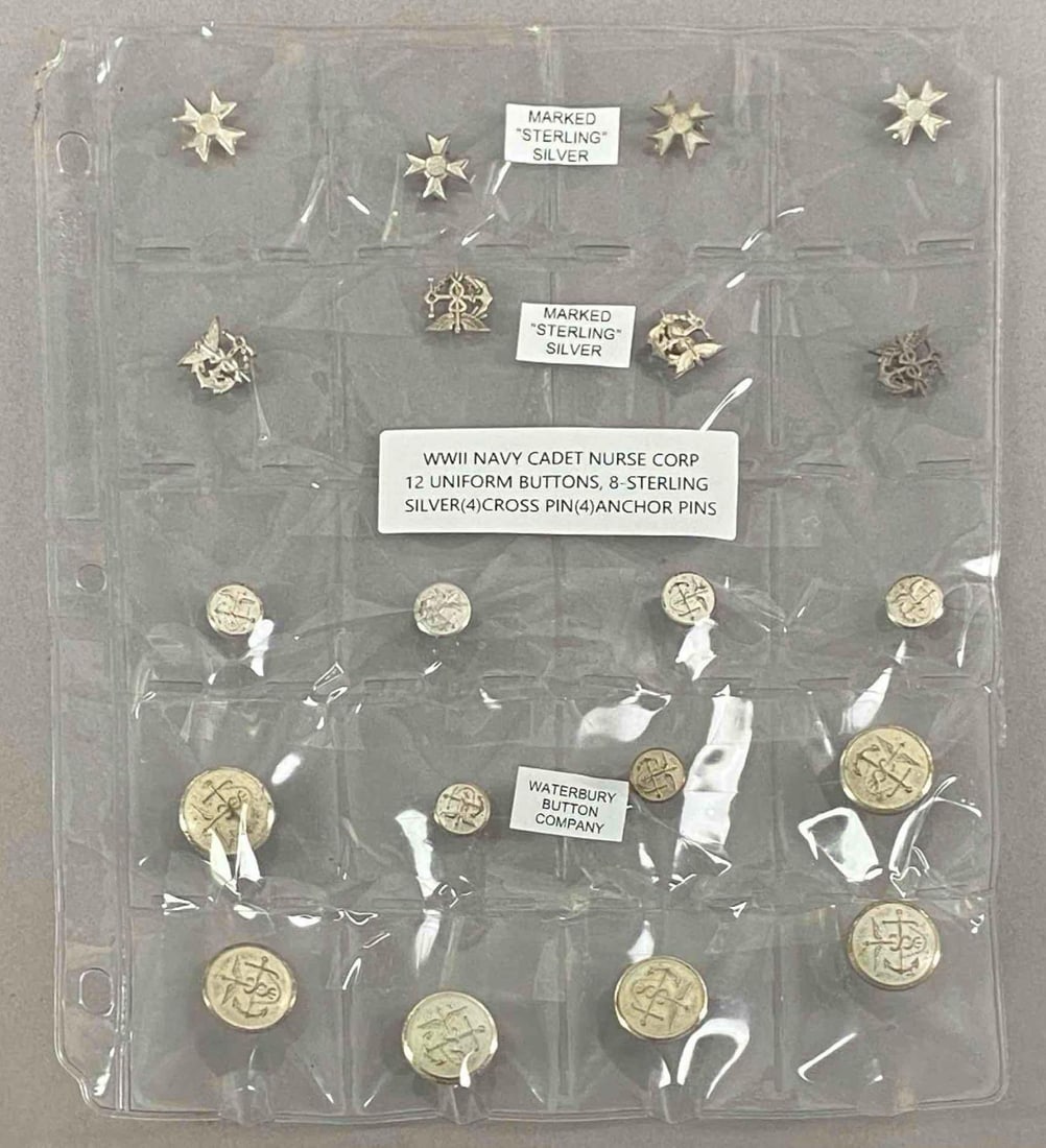 Group of WW2 US PHS Nurse Cadet Corps Buttons and Pins: Includes 8 Sterling Silver, largest button measures 1 inches in diameter