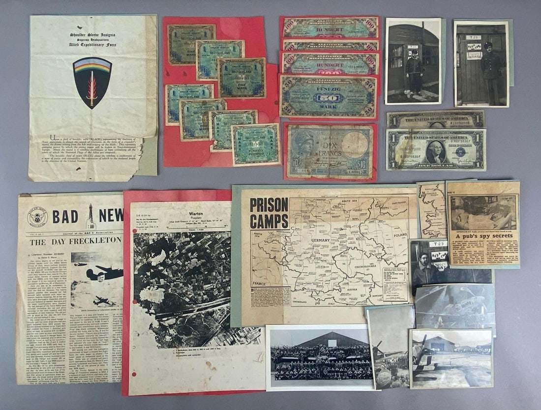 Group of WW2 Air Force Pilot Souvenirs From Europe: Includes photographs, german and US paper currency, Insignia paperwork and more, most mounted on paper