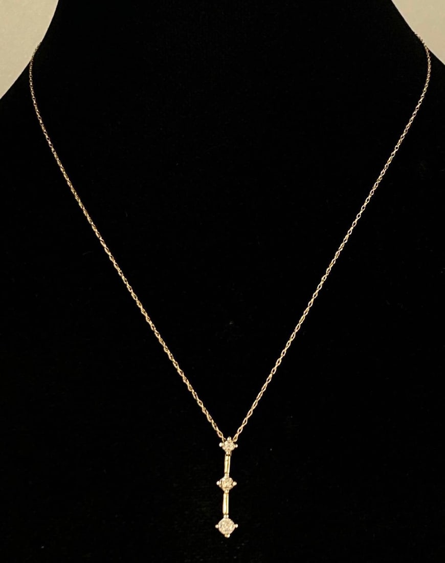 10K Yellow Gold Chain Necklace with Stacked Diamond Pendant: Total weight of 1.4 grams, Chain measures 18 inches in length