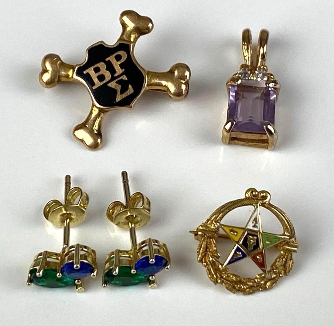 Group of Gold Plated Jewelry: Includes pair of stud earrings, BPE pin, amethyst pendant and more, largest measures 1 1/2 inches H