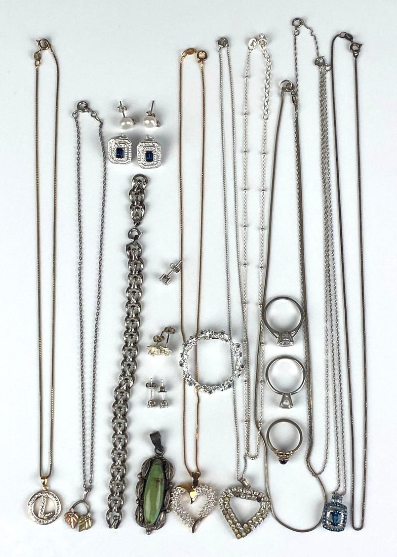 Group of Sterling Silver and Costume Jewelry: Includes necklaces, earrings, brooch and pendant, longest necklace measures 18 inches in length