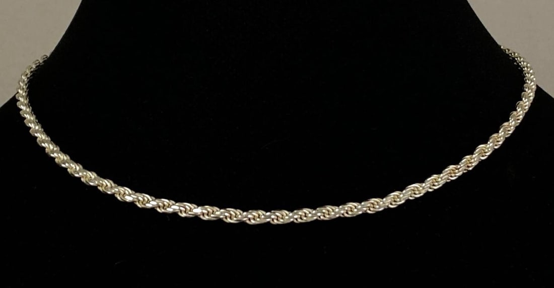 DNT Signed Sterling Silver Rope Twist Chain Necklace: Measures 16 inches in length