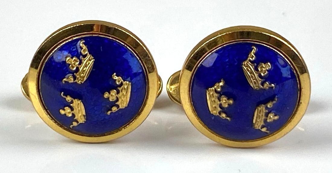 Pair of Sporrong Signed Gold Plated Swedish COA Enamel Cufflinks: Each measures 3/4 inches H x 1 inches D