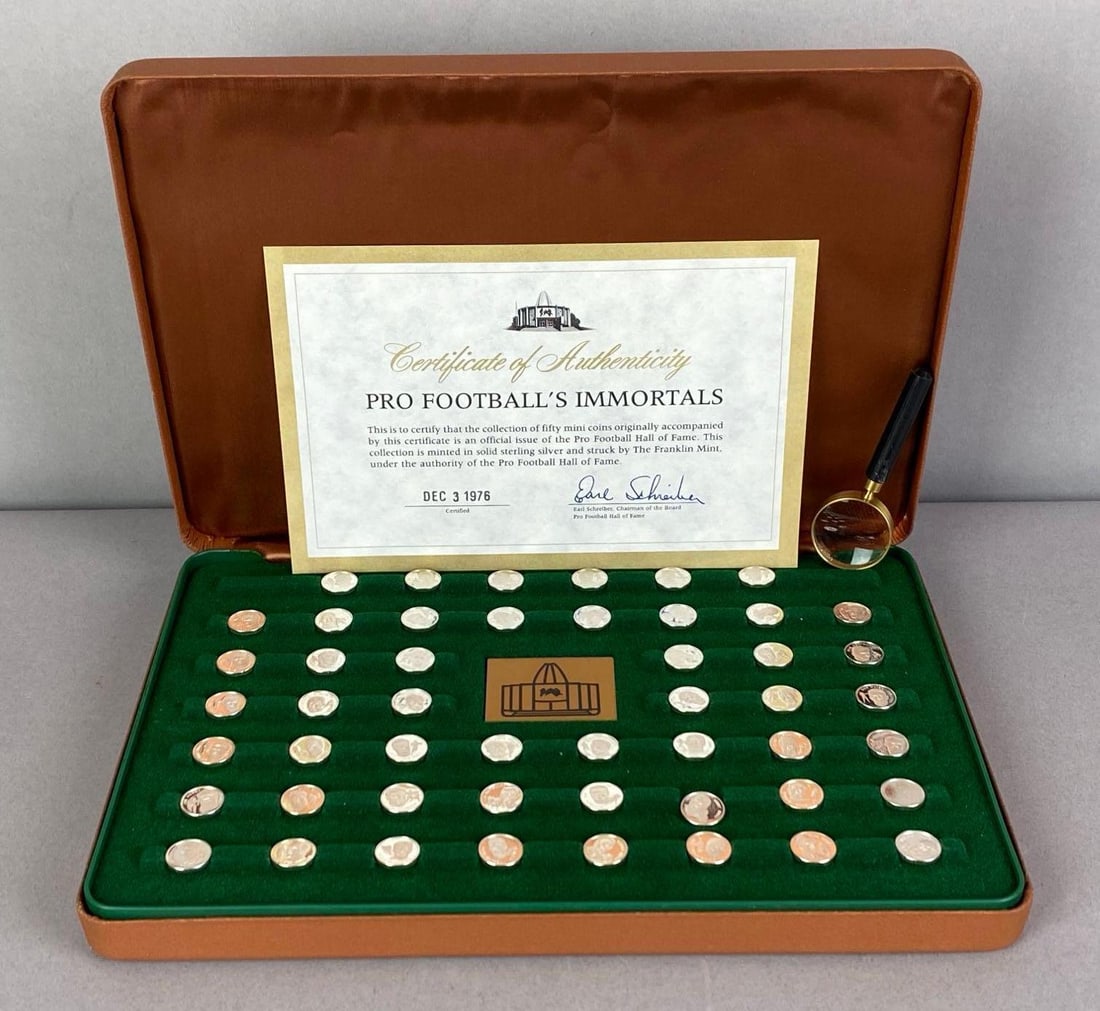 1976 Franklin Mint Sterling Silver Pro Football Immortals Miniature Coin Set: 50 coins with a total weight of 85.1 grams, with COA, complete set with original booklet, case measures 7 inches H x 10 inches W