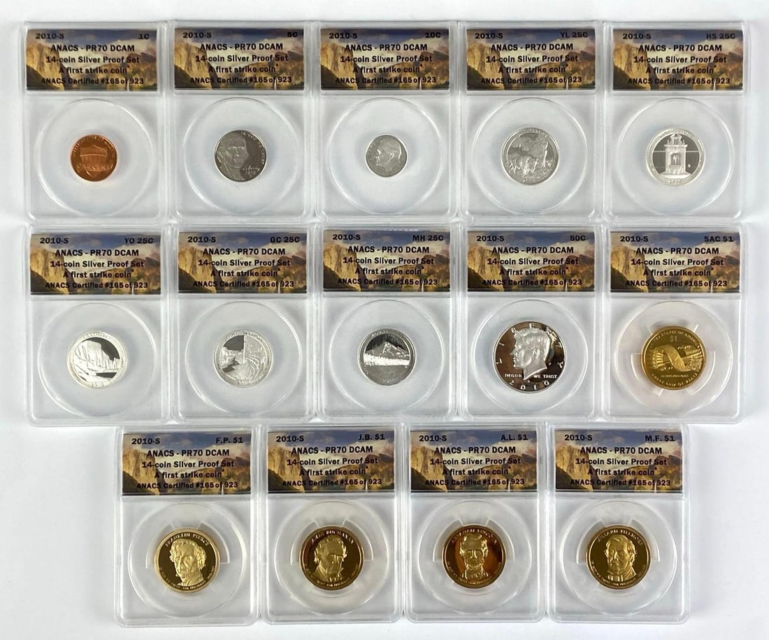 2010-S ANACS LE PR-70 First Strike Coin Proof Set: Limited edition No. 165 of 923, wood case measures 4 1/2 inches H x 8 inches W x 3 1/2 inches D