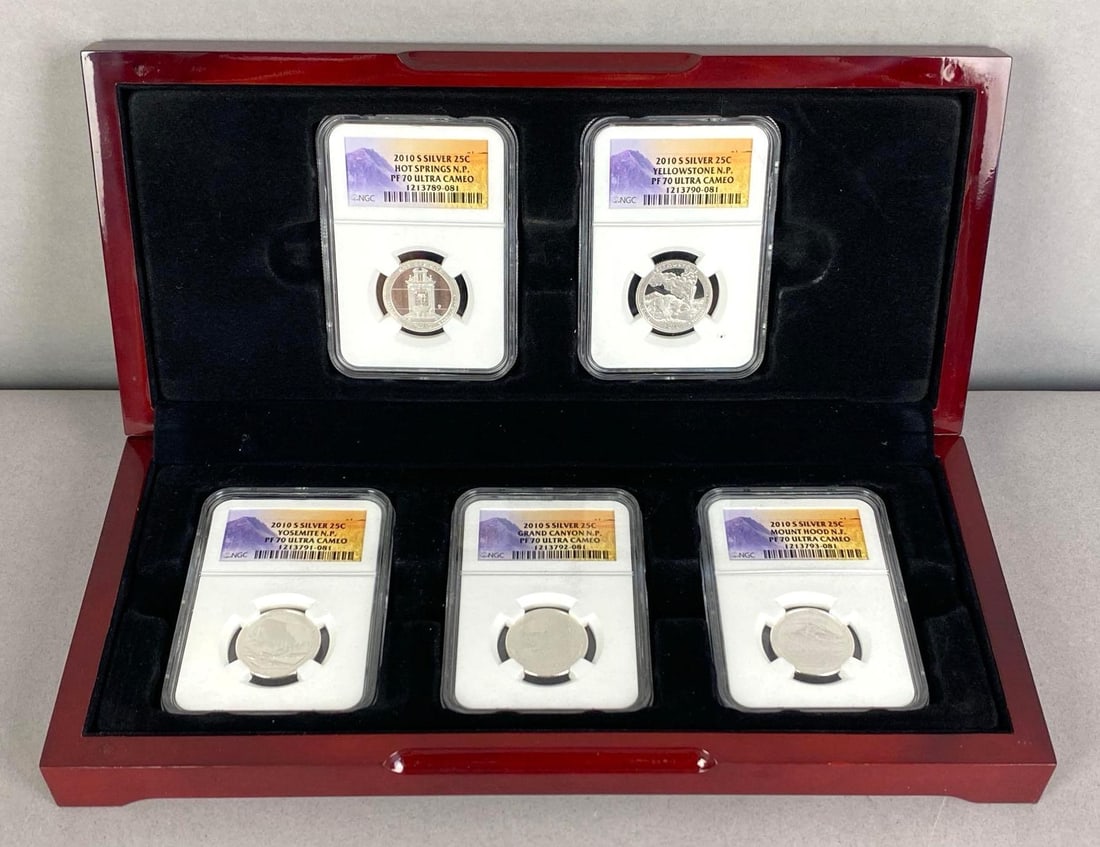 2010-S US ANACS National Parks Silver Quarter 5 Coin Set: PR-70 Ultra cameo, in original box, box measures 4 1/2 inches H x 10 1/2 inches W x 1 3/4 inches D