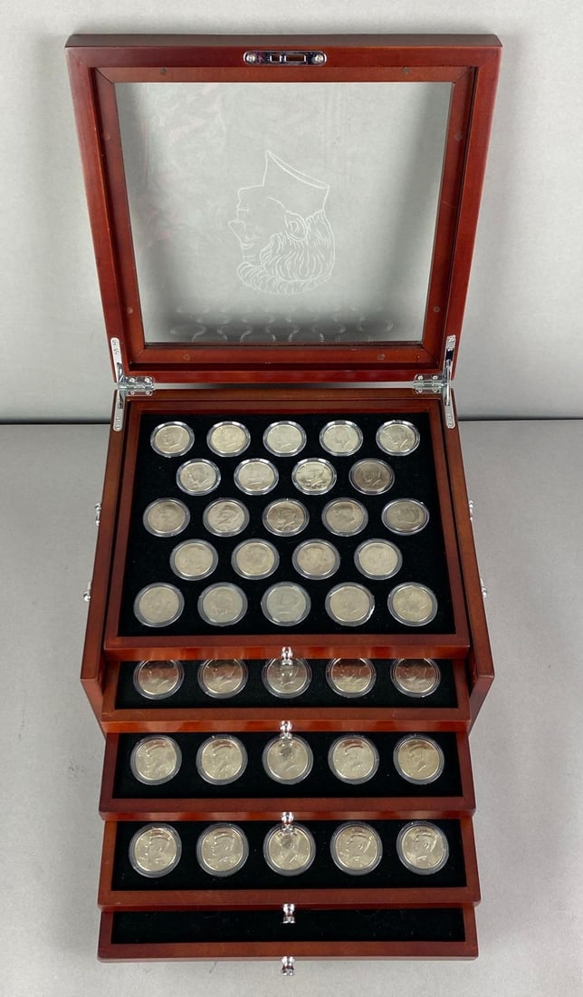 1964-2013 The John F Kennedy Uncirculated US Half Dollar Collection: Includes 92 Coins within beautiful Wood Display Chest, includes some silver coins, chest measures 7 inches H x 12 1/2 inches W x 11 inches D