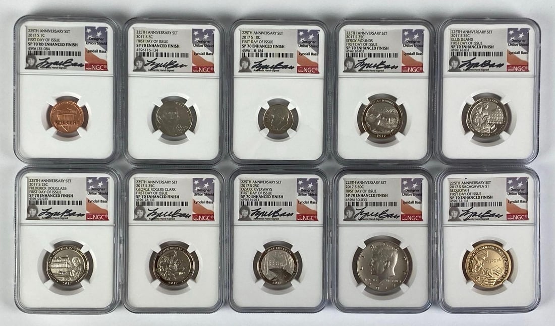 2017 225th US Anniversary Enhanced Finish Proof 10 Coin Set: Signed by Lyndall Bass, first day of issue, SP70, includes penny, nickel, dime, 5 quarters, half dollar and dollar coins