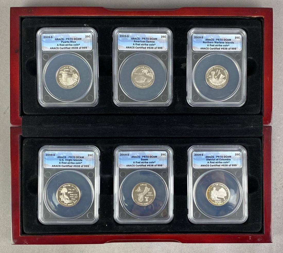 2009-S US Quarter First Strike Proof 6 Coin Set: ANACS PR 70, with original wood display case