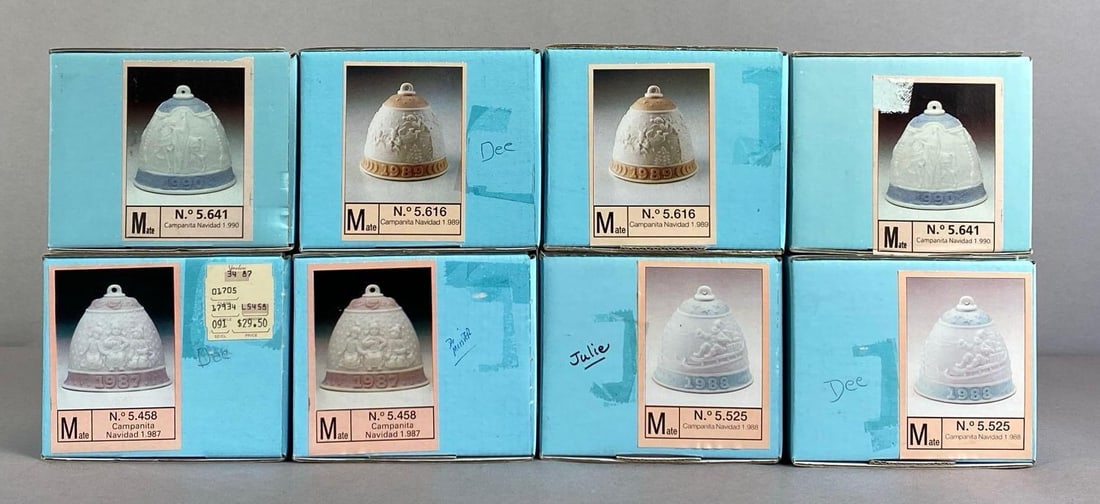 Group of 8 1980s - 1990s Lladro Porcelain Christmas Bells: Like new in original boxes, each box measures 4 inches H x 4 1/2 inches W x 4 1/2 inches D