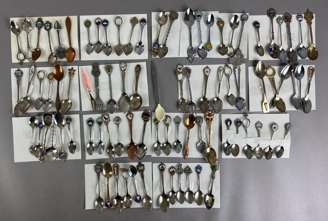 Group of Assorted Souvenir Spoons and More: Includes 2 forks, Includes ohio, queen of hearts, snoopy and more, longest measures 5 inches in length