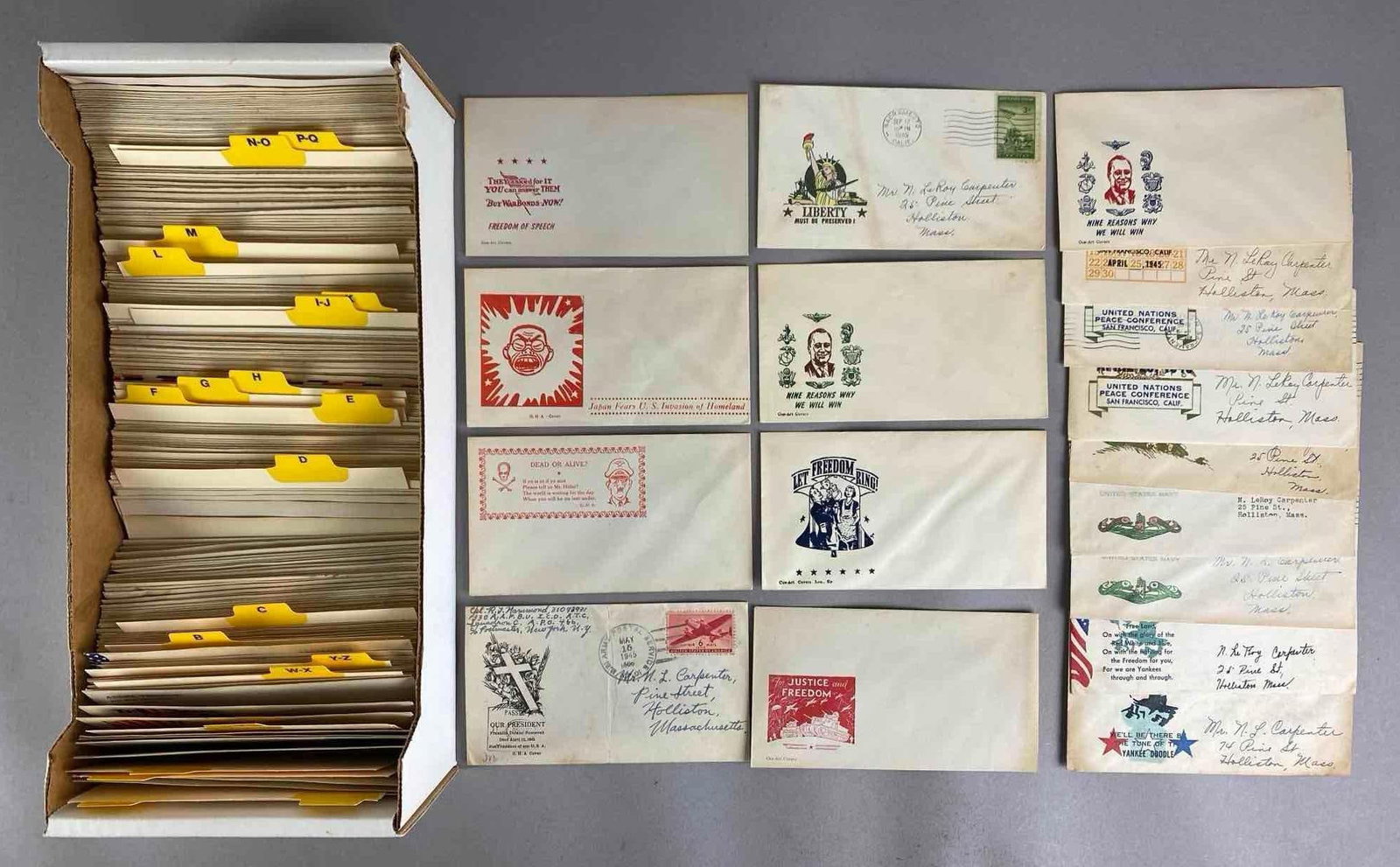 Group of 200+ WW2 Anti-Axis US Patriotic Covers: some with writing and stamps