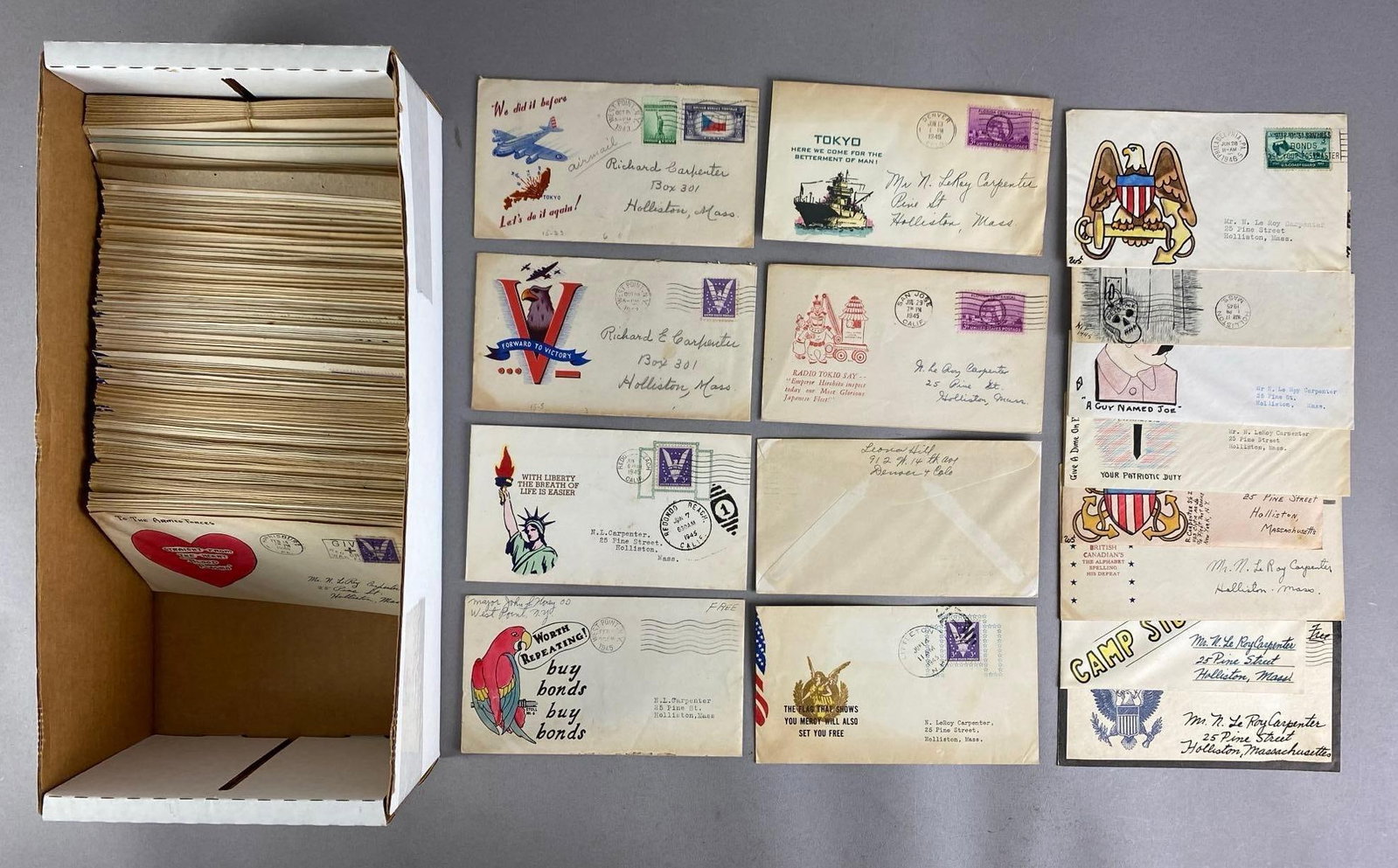 Group of 200+ WW2 Anti-Axis US Patriotic Covers: most with writing and stamps