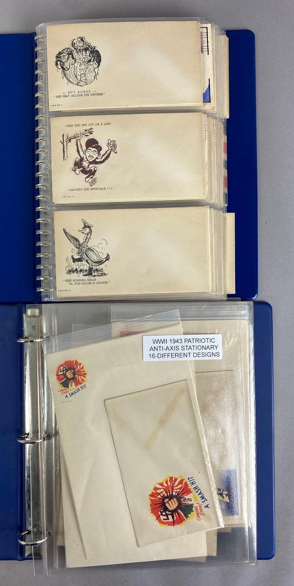 Group of WW2 Anti-Axis US Patriotic Covers and Stationaries: Largest album measures 11 1/2 inches H x 10 inches W
