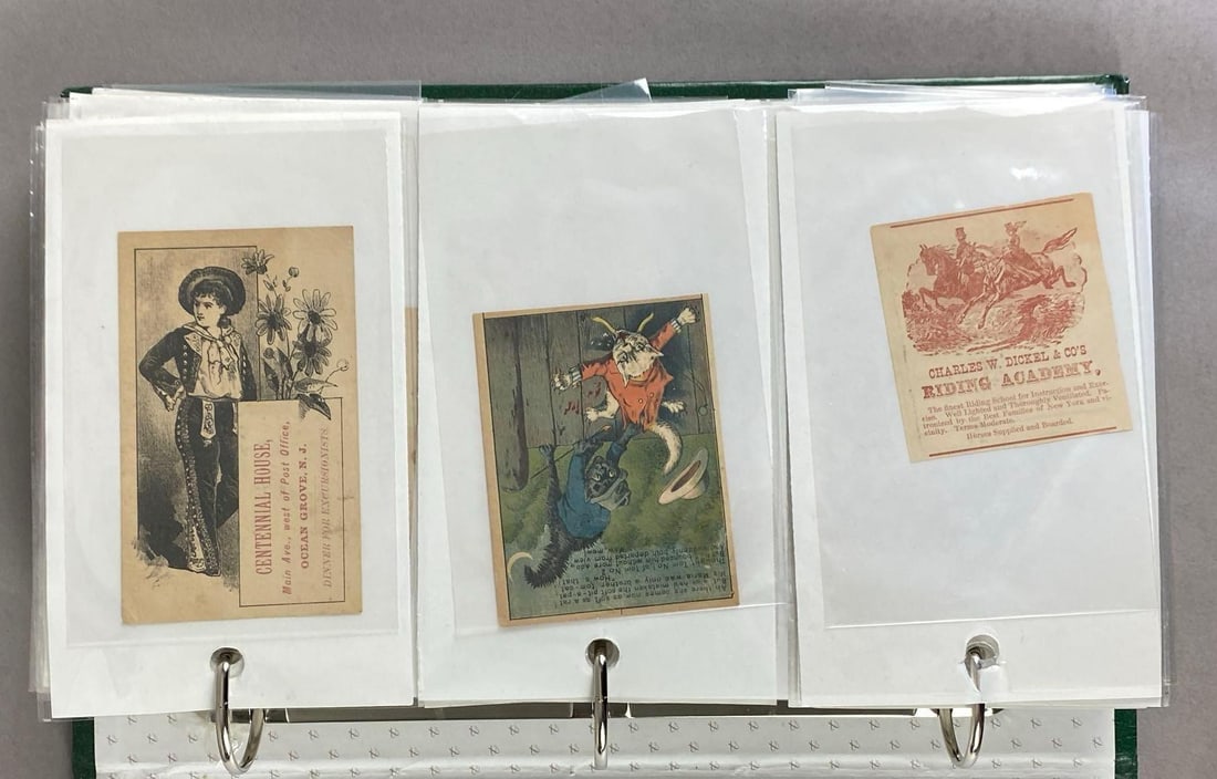 Group of 200+ Victorian Trade Cards: Includes Centennial house, macKinnon Pen, Stewart bros and more, album measures 13 1/2 inches H x 8 3/4 inches W